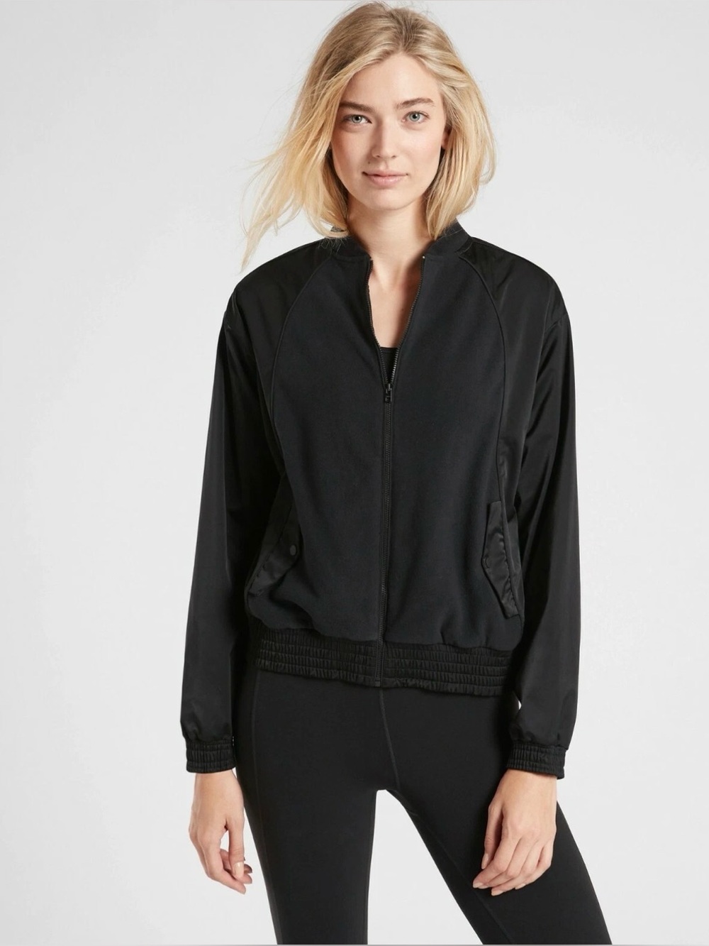 Athleta Black Zion Micro Fleece Bomber Jacket Full Zip Womens XS Gorpcore Warm